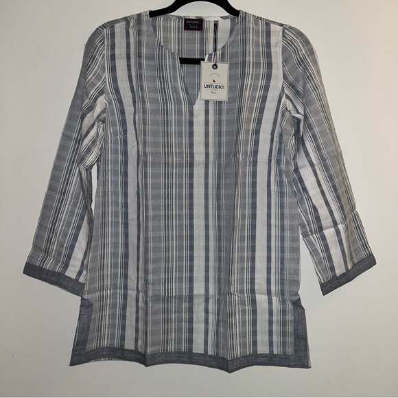 UNTUCKit Women’s Tunic Top Romagana White & Blue Stripe Cotton Size 2 NWT - Picture 1 of 5